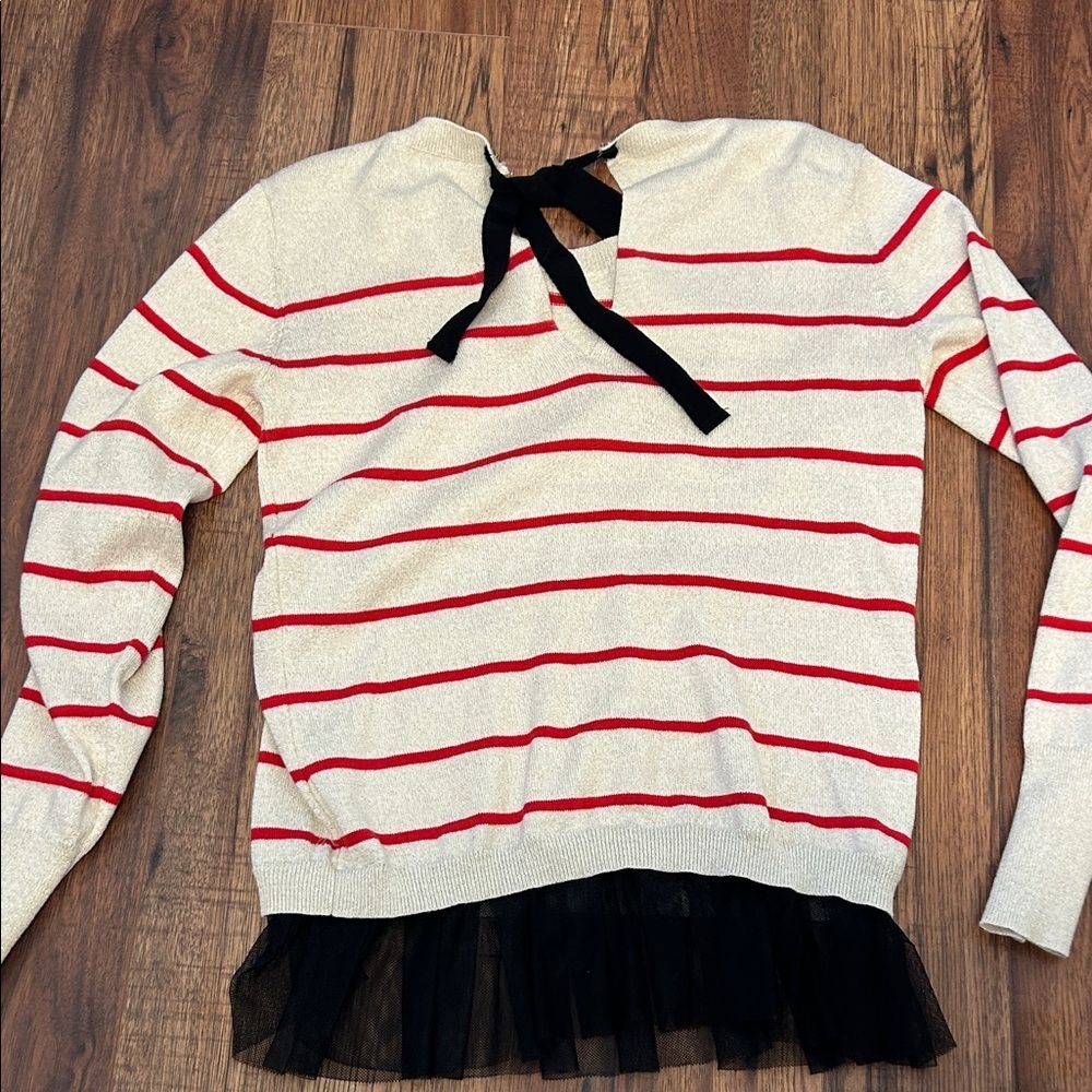 Vera Wang Red and Cream Striped Sweater with Black Tulle Hem - Picture 3 of 4